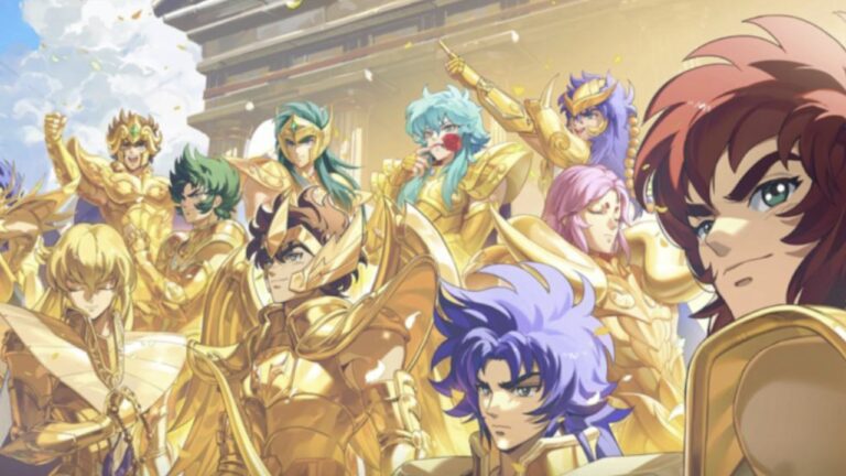 Feature image for our Saint Seiya EX Skills guide showing different characters standing in a group wearing gold armor.