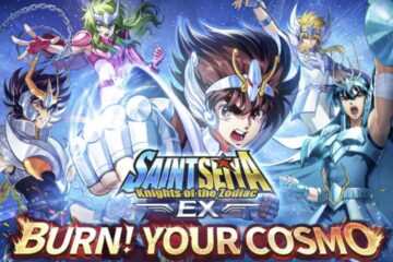 Feature image for our Saint Seiya Ex Tier List showing different characters posing and lifting their arms up with the game name in the centre.