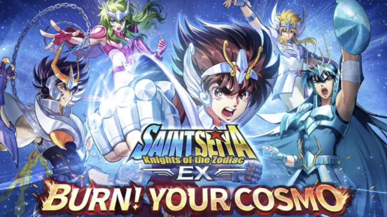 Feature image for our Saint Seiya Ex Tier List showing different characters posing and lifting their arms up with the game name in the centre.