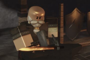 Feature image for our The Forge Pickaxe Tier List showing a blacksmith working on tools at a work bench.
