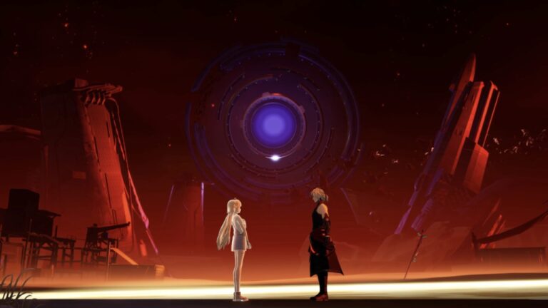 Feature image for our Tower of Fantasy Warp Server Weapon Tier List showing two characters standing opposite each other and looking.
