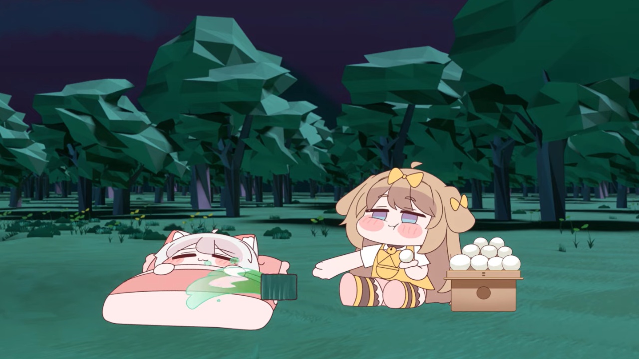 Image from Trickcal Chibi Go showing two chibi characters on the floor in a forest.