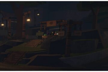 Stonewake's Cross Village in our The Forge Codes feature image. A stall which has Runes with a Goblin standing in front sits atop a set of rocks with wooden slopes.