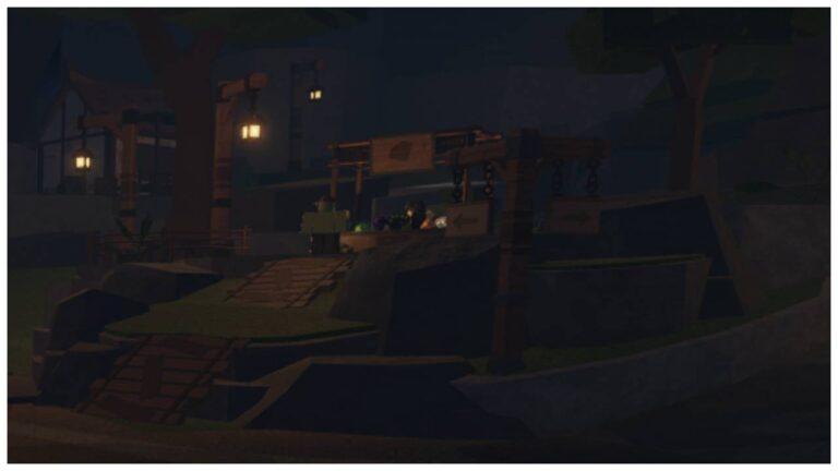 Stonewake's Cross Village in our The Forge Codes feature image. A stall which has Runes with a Goblin standing in front sits atop a set of rocks with wooden slopes.
