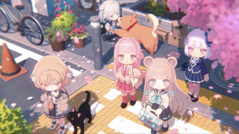 Feature image for our Ayakashi Rise Codes guide showing chibi girls crossing the street.
