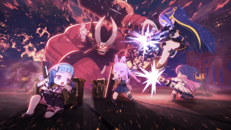 Feature image for our Ayakashi Rise Reroll Guide showing chibis battling a large monster.