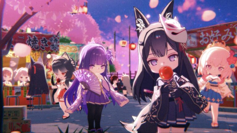 Feature image for our Ayakashi Rise Tier List showing different chibi girls at a festival.