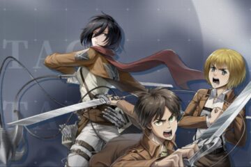 Feature image for our Best Characters In Titan Regiment guide showing Eren, Mikasa, and Annie.