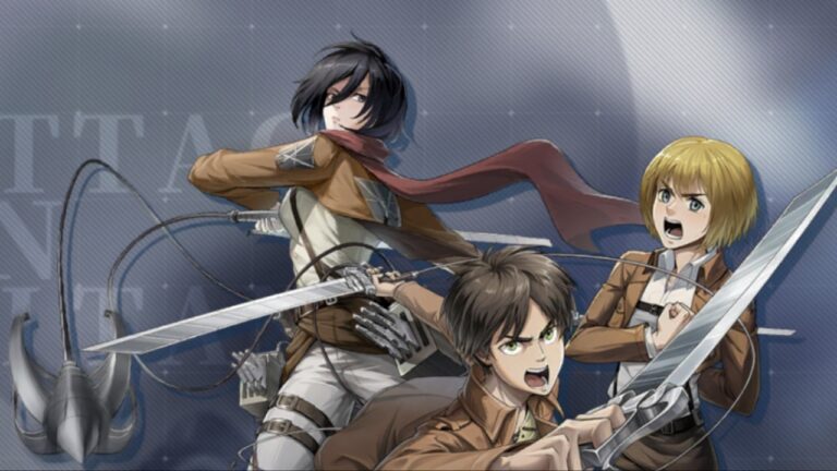 Feature image for our Best Characters In Titan Regiment guide showing Eren, Mikasa, and Annie.