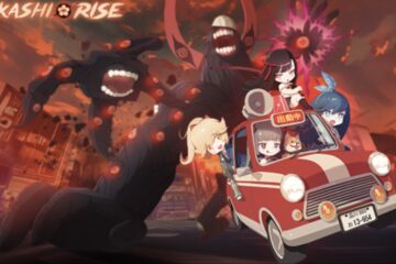 Feature image for our Best Team In Ayakashi Rise guide showing chibi anime girls in a car being chased by a monster.