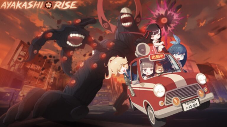 Feature image for our Best Team In Ayakashi Rise guide showing chibi anime girls in a car being chased by a monster.