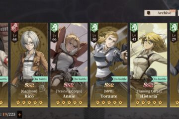 Feature image for our Best Team In Titan Regiment guide showing a list of characters in a team formation.