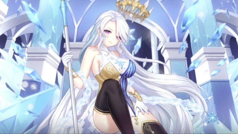 Feature image for our Cherry Tale Tier List. Image shows a female anime character sitting at a throne holding a staff and smiling.