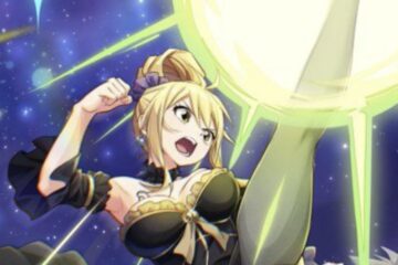 Feature image for our Fairy Tail Wizard Chronicle Banners guide showing a girl with an arm and leg in the air covered in yellow light.