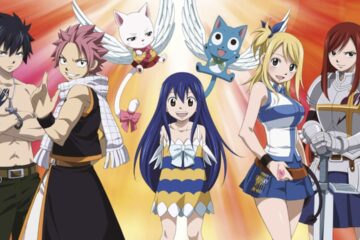 Feature image for our Fairy Tail Wizard Chronicle Codes guide showing different anime characters posing and smiling at the camera.