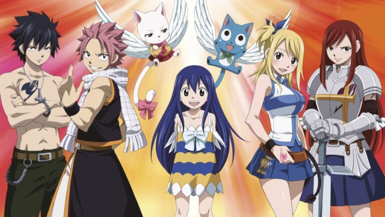 Feature image for our Fairy Tail Wizard Chronicle Codes guide showing different anime characters posing and smiling at the camera.