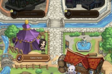 Feature image for our Fairy Tail Wizard Chronicle Garden guide showing small houses in a garden with chibi characters standing outside.