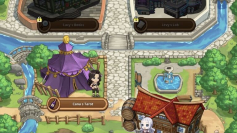 Feature image for our Fairy Tail Wizard Chronicle Garden guide showing small houses in a garden with chibi characters standing outside.