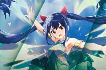 Feature image for our Fairy Tail Wizard Chronicle Reroll Guide showing a girl with blue hair in pigtails looking at the camera with her arms up in the air.