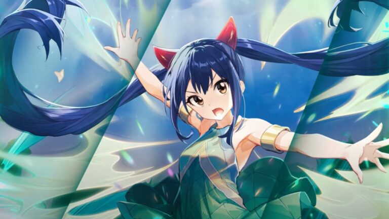 Feature image for our Fairy Tail Wizard Chronicle Reroll Guide showing a girl with blue hair in pigtails looking at the camera with her arms up in the air.