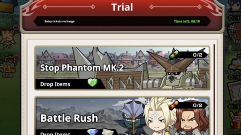 Feature image for our Fairy Tail Wizard Chronicle Trials guide showing a list of trails available.