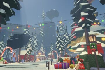 Feature image for our Fisch Fischmas Festive Relic Tier List showing a Christmas town with decorations, trees, lights, and NPCs.