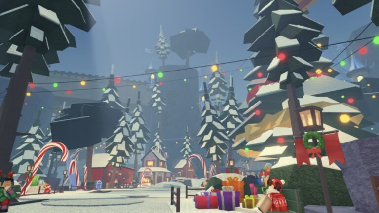 Feature image for our Fisch Fischmas Festive Relic Tier List showing a Christmas town with decorations, trees, lights, and NPCs.
