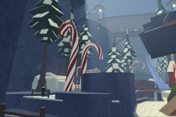 Feature image for our Fisch Fischmas Rod Tier List showing a small river in a Christmas town with trees, lights, and large candy canes.