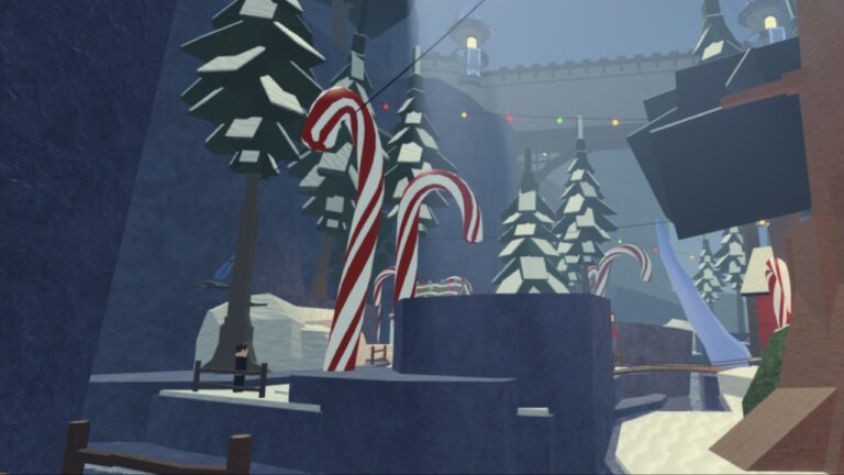 Feature image for our Fisch Fischmas Rod Tier List showing a small river in a Christmas town with trees, lights, and large candy canes.