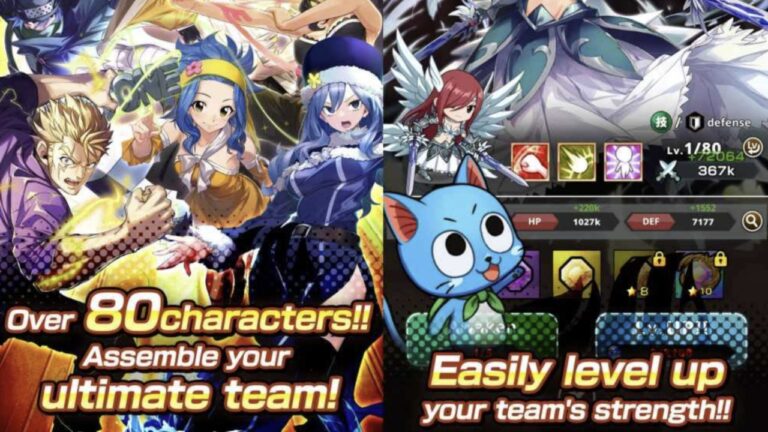 Feature image for our How To Quickly Rank Up In Fairy Tail Wizard Chronicle guide showing different characters posing.