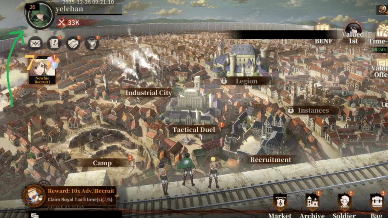 Image shows the main menu in Titan Regiment with an arrow pointing to the players profile.