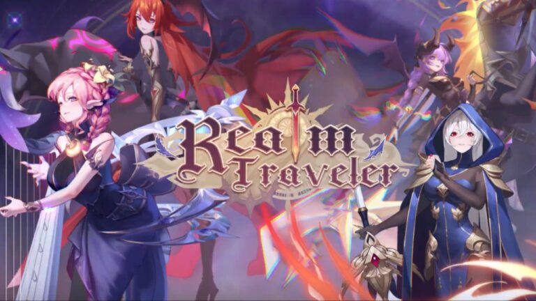 Feature image for our Realm Traveler Codes guide showing 'Realm Traveler' written in the middle with characters standing to the sides.