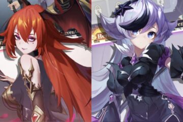 Feature image for our Realm Traveler Reroll Guide showing two characters side by side next to each other in a collage.