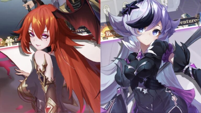 Feature image for our Realm Traveler Reroll Guide showing two characters side by side next to each other in a collage.