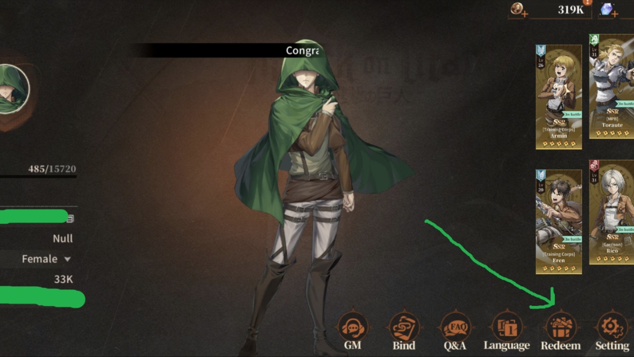 Image shows the user profile in Titan Regiment with an arrow pointing to a button that says 'Redeem'.