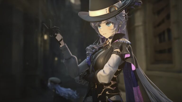 Feature image for our Silver Palace Codes guide showing a character with an arm over her stomach and another hand in the air standing while speaking.