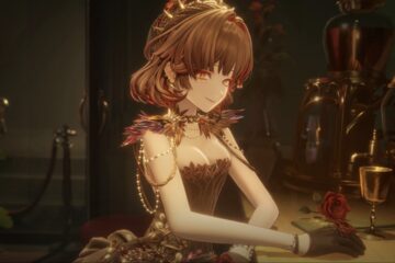 Feature image for our Silver Palace Tier List showing an anime woman sitting at a table and smiling while wearing a formal dress.