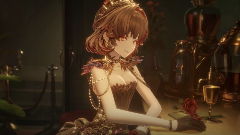 Feature image for our Silver Palace Tier List showing an anime woman sitting at a table and smiling while wearing a formal dress.