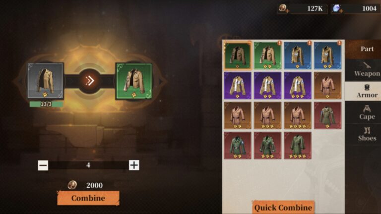 Feature image for our Titan Regiment Armor Tier List. Image shows a screen in-game where players can combine pieces of armor.