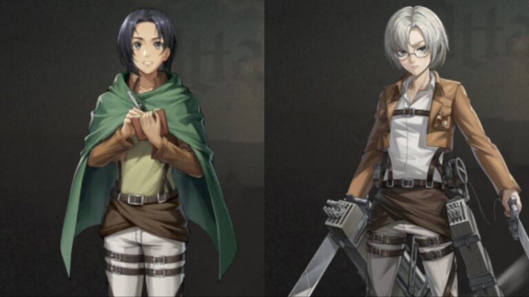 Feature image for our Titan Regiment Reroll Guide showing Ilse and Rico from Attack on Titan.