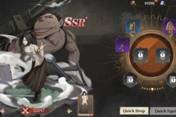 Feature image for our Titan Regiment Weapon Tier List showing Pieck from the game and the weapons that are equipped to her.