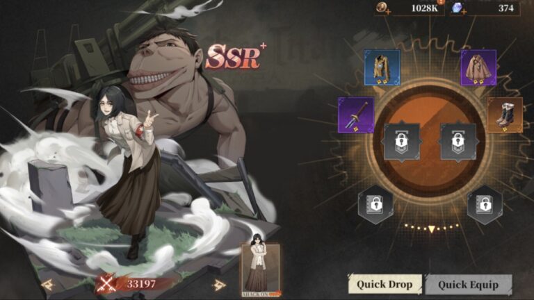 Feature image for our Titan Regiment Weapon Tier List showing Pieck from the game and the weapons that are equipped to her.
