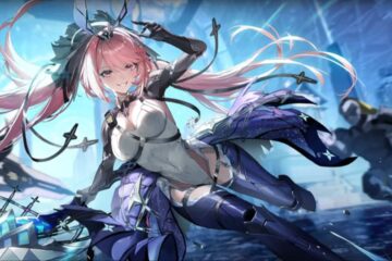Feature image for our Tower of Fantasy Warp Server Life Skills guide showing an anime girl with pink hair smiling and sliding across the floor.