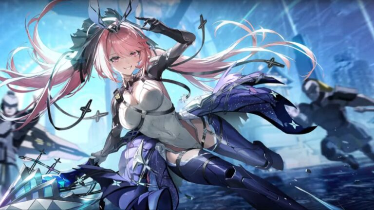 Feature image for our Tower of Fantasy Warp Server Life Skills guide showing an anime girl with pink hair smiling and sliding across the floor.