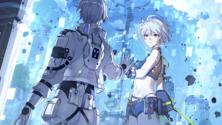 Feature image for our Tower of Fantasy Warped Server Relics guide showing two anime-style characters pressing their hands together in a blue and glitchy background.