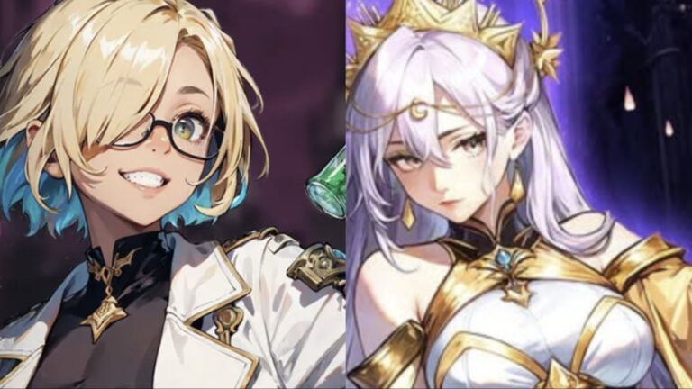 Feature image for our Twilight Chronicle Idle RPG Reroll Guide showing two characters next to each other in a collage.