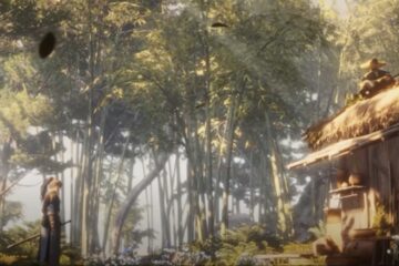 Feature image for our Where Winds Meet Coordination guide showing a small house in a forest with someone sitting on the roof and a character standing on the ground looking up and speaking to them.