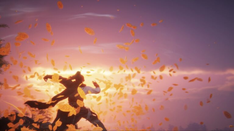 Feature image for our Where Winds Meet Mobile Requirements guide showing someone standing surrounded by leaves near a sunset.