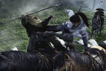 Feature image for our Where Winds Meet Weapon Tier List showing a character jumping in the air and kicking another character off a horse.