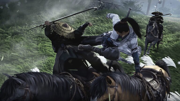 Feature image for our Where Winds Meet Weapon Tier List showing a character jumping in the air and kicking another character off a horse.